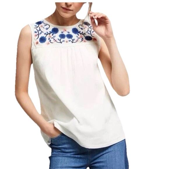 Boden Embroidered Floral White Sleeveless Top Womens 14 Crepe Cottagecore Boho‎ - Picture 1 of 8